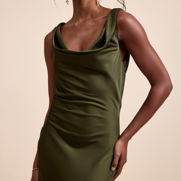 Lulus Aernah Olive Satin Cowl Tie-back Slip Maxi Dress Green - Size XS - Picture 1 of 1